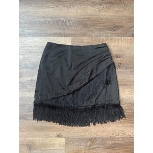 Black Satin Fringe Trim Mini Skirt Asymmetrical Party Skirt